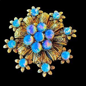 Vintage faux opal floral embossed brooch pendant beautiful colors
